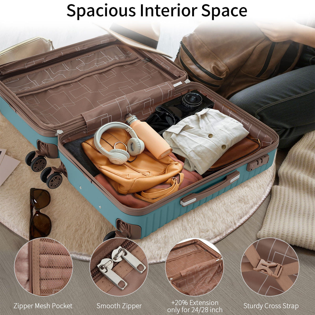4 Piece Luggage Suitcase Set, Hard Shell Lightweight Expandable Travel Luggage With 4 Packing Cubes