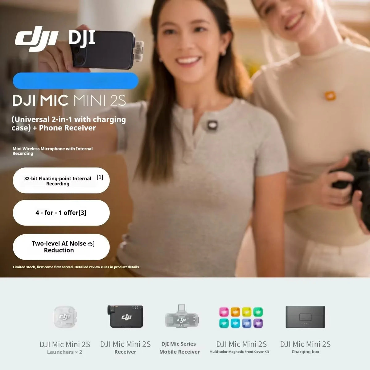 For DJI Mic Mini 2S Wireless Lavalier Mic 1TX/2TX 1RX Built-in Recording 32-bit Float AI Noise Reduction Mic for Camera Phone
